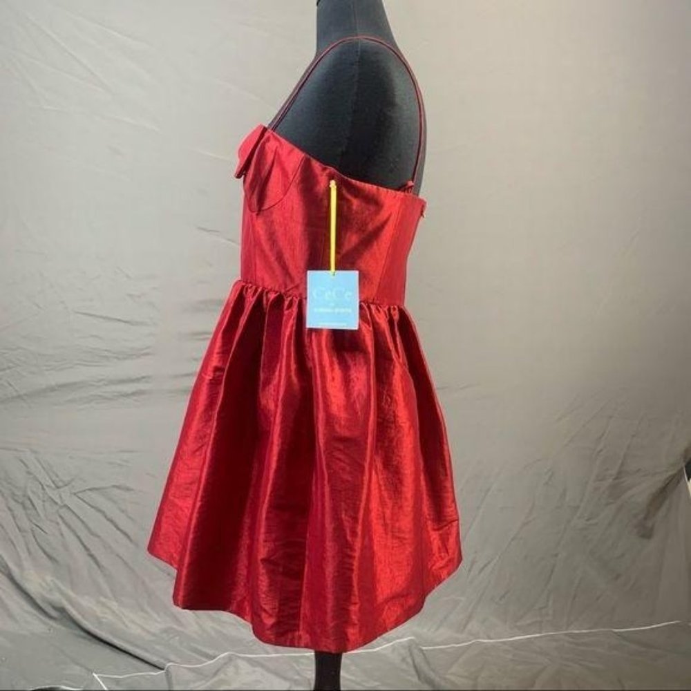 CeCe By Cynthia Steffe NEW Red Satin Pleated Full Bow Fit Flare A Line Dress - Picture 7 of 9